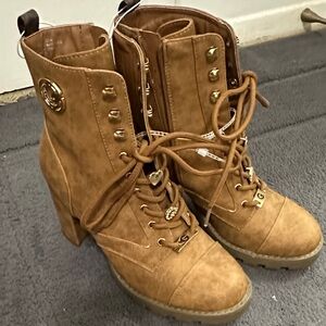 Brown Lace-Up Ankle Boots With Gold Accents